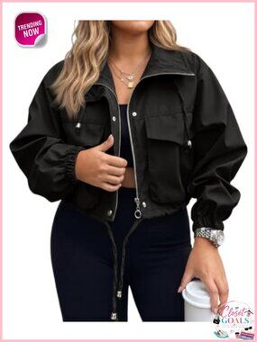 Plus Size Cropped Anorak Jacket Zip Up Lightweight Utility Coat Pockets